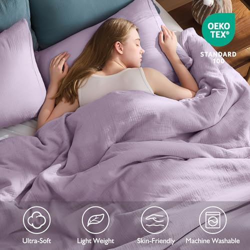 EMME Muslin Cotton Duvet Cover Set Lavender Queen Size Linen Like Soft Breathable Lightweight Summer Comforter Cover Set with Zipper Closure (Lavender, Queen, 90"x90") EMME