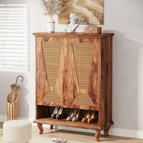 LITTLE TREE Rattan Shoe Cabinet for Entryway, 5-Tier Large Hidden Shoe Organizer Cabinet with Ventilated Doors, Modern 25-Pair Shoe Rack Closet Organizer Shoe Storage Cabinet for Bedroom LITTLE TREE