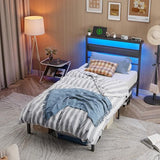 OURPIC Twin Bed Frames for Kids, Metal Platform Bed Frame Twin Size with Charging Station and LED Lights, Upholstered Headboard and Storage Shelf, No Box Spring Needed, Easy Assembly OURPIC