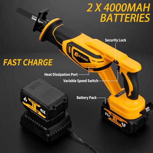 JEXUGK Brushless Reciprocating Saw Cordless, 21V Max 3500 SPM Rechargeable Saw, 2 x 4.0Ah Battery, 12 Saw Blades & Fast Charger, Variable Speed Reciprocating Saws for Woods/Metal/Plastic Cutt - WoodArtSupply