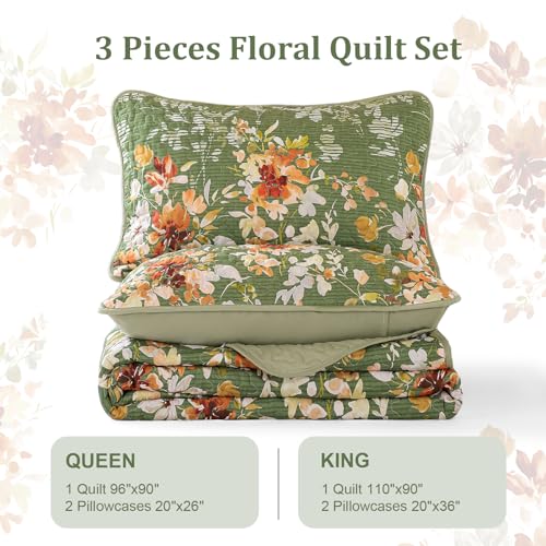 Dobuyly Green Floral Quilt Set King Size, Botanical Flowers Bedspreads Coverlet Set, 3 Pieces Soft Lightweight Microfiber Quilt Bedding Set for All Seasons 110"x90" Dobuyly
