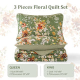 Dobuyly Green Floral Quilt Set King Size, Botanical Flowers Bedspreads Coverlet Set, 3 Pieces Soft Lightweight Microfiber Quilt Bedding Set for All Seasons 110"x90" Dobuyly