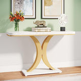 Tribesigns Modern Gold Console Table, 40 inch Narrow Entryway Foyer Table with Geometric Base, Rustic Hallway Accent Table for Living Room, Entrance, White and Gold Tribesigns