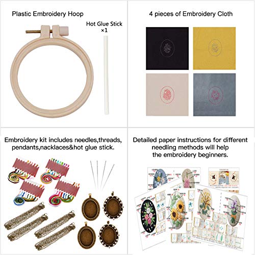 ZOCONE 4 Packs Embroidery Necklace Kits, Embroidery Pendant Kit Mini Cross Stitch Kit with Hoop, Necklace, Pendant, Stamped Pattern Cloth, Instructions, etc., Embroidery Kits for Adults