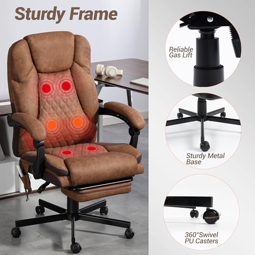 WENTUM Massage Office Chair with Foot Rest, 6 Points Vibration Heating Executive Chairs Ergonomic Home Office Desk Chair with Reclining Backrest, Adjustable Arms and Lumbar Support-Brown WENTUM