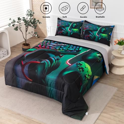 GRAT TIOC Gamer Comforter Sets for Teen Boys,Gaming Bedding Sets Twin,Video Game Bedspread,Game Gamepad Bedrooom Bed Set,Controller Gamer Home Decor 3 Piece GRAT TIOC