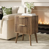YAUKOMEL Mid Century Modern Nightstand,Small Bedside Table with 2 Drawers,Fluted Side Table,Walnut Brown End Table for Living Room,Bedroom,Small Space,Caramel Oak 11.8" D x 16" W x 22.4" H CTG55BR YAUKOMEL