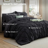 Bedsure Oversized King Comforter Set Black - Bed in a Bag Bedding Set 7 Pieces, GentleSoft™ Pintuck Bed Set Gift for Family, Pinch Pleat Black Comforter with Sheets, Pillowcases & Shams Bedsure