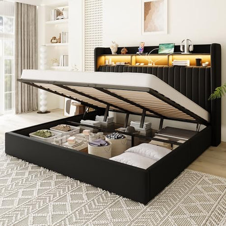 Allewie King Size Lift Up Hydraulic Storage Bed Frame, 2-Tier Shelf Headboard with LED Lights and Charging Station, USB and Type C Ports, Wingback Velvet Headboard, No Box Spring Needed, Black Allewie