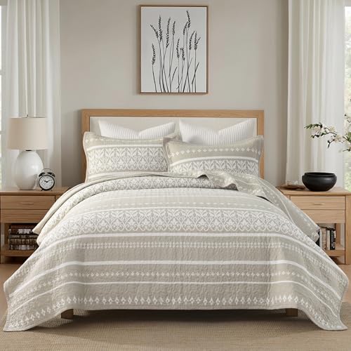 Qiqiong Boho Quilt Set Queen Size - 100% Cotton Boho Striped Quilt Bedding Set - Beige and White Bohemian Quilt Set with Shams 3 Piece - All-Season Lightweight Coverlet & Bedspread Set Qiqiong