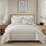 Qiqiong Boho Quilt Set Queen Size - 100% Cotton Boho Striped Quilt Bedding Set - Beige and White Bohemian Quilt Set with Shams 3 Piece - All-Season Lightweight Coverlet & Bedspread Set Qiqiong