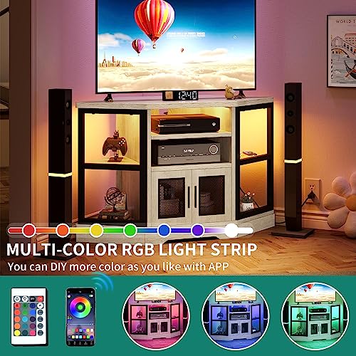 YITAHOME RGB LED Corner TV Stand for TVs up to 55/50 Inch with Power Outlet, Modern Farmhouse Entertainment Center, Wood TV Media Console with Storage Shelves for Living Room, White Oak - WoodArtSupply