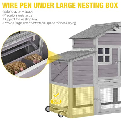 Chicken Coop 65in Mobile Hen House Outdoor Wooden Poultry Cage with Wheels, Nesting Box, Leakproof Pull-on Tray and UV-Resistant Roof Panel - WoodArtSupply