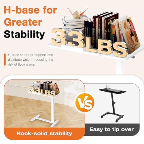 Sweetcrispy Small Standing Desk Rolling Table Adjustable Height, Laptop Mobile Stand with Wheels, Portable Computer Workstation with Tiltable Desktop for Teacher Classroom Home Office, White Sweetcrispy