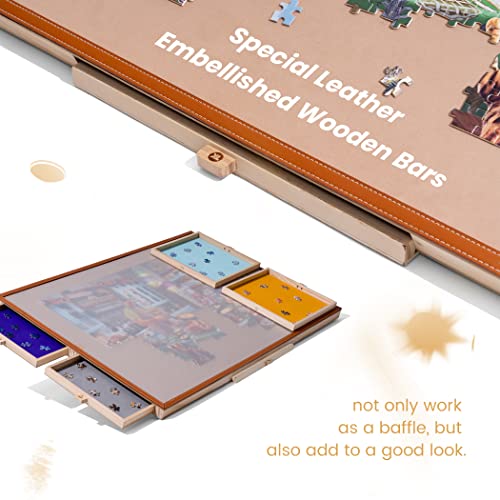 Tektalk Jigsaw Puzzle Table with Leather Bar, Wooden Plateau Portable Puzzle Board Saver with Embedded Adjustable Stand/Bracket and Removable Cover, 4 Sorting Drawers, for Up to 1500 Pieces Tektalk
