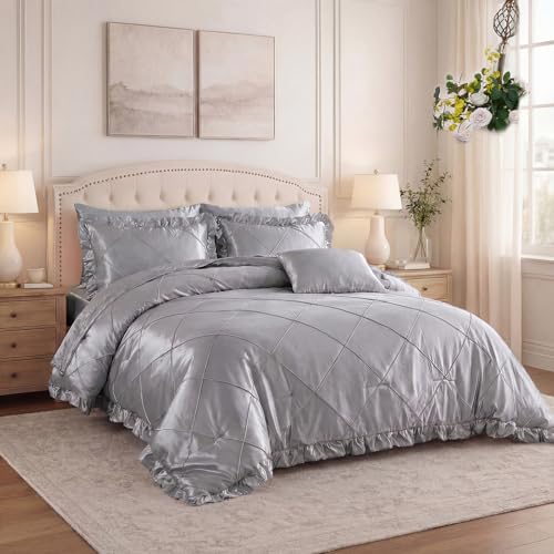 Grey Comforter Set King Sheet Set Silk Like Satin Bedding Set Silky Bed in a Bag 8 Pcs Pinch Pleat Bed Set Home Decor Luxury Hotel Silky Ruffle Comforter with 1 Cushion Cover Bedding_Dreamer