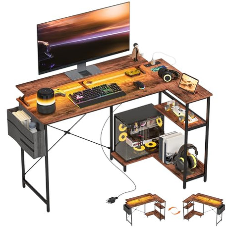 HOMCOM 58" L Shaped Gaming Desk with Power Outlets and LED Lights, Reversible Computer Desk with Monitor Stand, Fabric Storage Bag, Cable Management, for Home Office, Rustic Brown HOMCOM