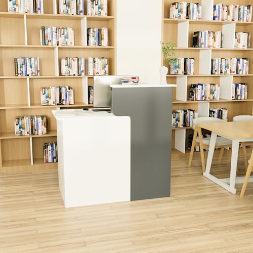 HPLWYM L Shaped Reception Desk with Lockable Drawer, Small Front Desk, Office Reception Room Table, Checkout Retail Counter for Office Lobby Cafe Salon (White+Grey, 39.4"(L) x23.6(W) x39.4(H)) HPLWYM