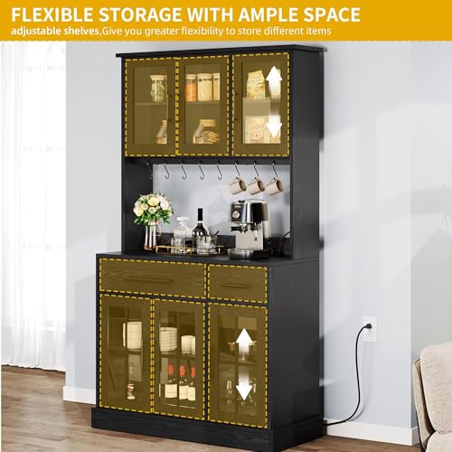 DWVO Kitchen Pantry Storage Cabinet with Microwave Stand, 71'' Tall Kitchen Hutch Cabinets with Power Outlet, Modern Food Pantry Hutch with Drawers ＆ Shelves for Home, Pack of 1, Black DWVO