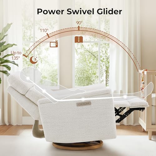 CHITA Power Swivel Glider for Adults with Nightlight, Nursery Recliner Chair with Power Headrest for Living Room, Bedroom, Water-Resistant Boucle Fabric, Boucle Fabric in Pearl