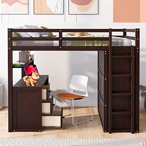 BOVZA Full Wooden Loft Bed Frame with Desk, Wardrobe, and Storage in Espresso - WoodArtSupply