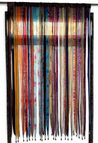 Mango Gifts Old Silk Sari Multicolor Ribbon Doorway Curtain Hippie Bohemian Room Divider Light-Filtering Boho Curtains Rod Pocket Window Drape for Livingroom Bedroom 85 x 45 Inch Mango Gifts