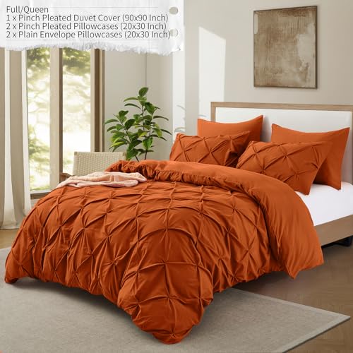 VACVELT 5 Piece Pinch Pleated Duvet Cover Full/Queen Size Set, Burnt Orange Pintuck Duvet Cover with Zipper & 8 Ties, Shabby Chic Microfiber Duvet Cover + 2 Pillow Shams + 2 Pillowcases, No Comforter VACVELT