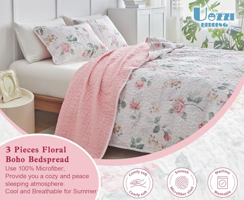 Floral Quilt Set Twin Size 68x86 with Pink Yellow Flower Soft Microfiber Lightweight Coverlet Bedspread Reversible Summer 2pc Quilted Bedding Set Bed Cover for All Season (1 Quilt+ 1 Shams) UOZZI BEDDING