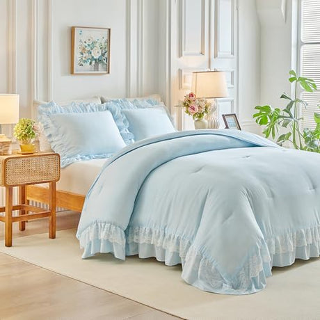 Joyreap Queen Size Comforter Set Blue, 3pcs Lace Ruffled Bedding Comforter Set, Microfiber Vintage Boho Chic Bedding Set for All Season- 88x88 inches Joyreap