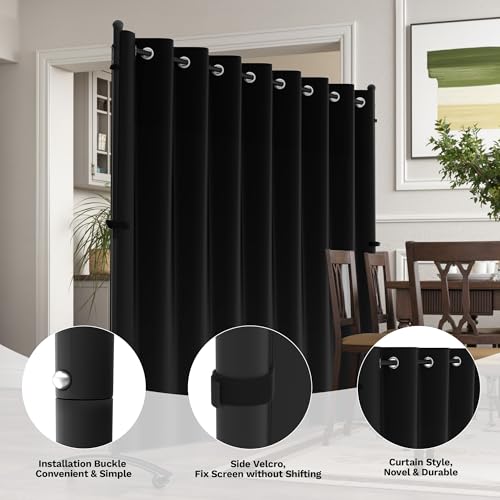 Phonjoroo Room Divider, Curtain Privacy Screen with 360°Lockable Wheels 6FT Portable Room Divider Panel Freestanding Partition Divider Screen for Separator Wall Divider Bedroom Office (Black) Phonjoroo