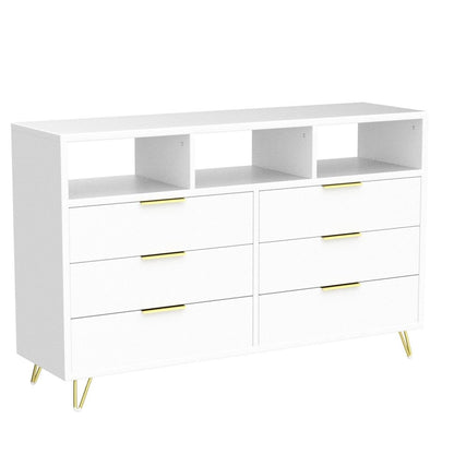 Hlivelood White Dresser for Bedroom with LED Lights, 6 Drawer Dresser with Gold Legs, High Gloss Modern Wide Dressers & Chests of Drawers, Living Room, Hallway, 55 Inch - WoodArtSupply