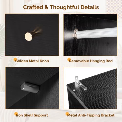 VINGLI Rattan Wardrobe Closet, Armoire Closet with Drawers & Hanging Rod, Armoire with Shelves and Doors, Wooden Wardrobe for Hanging Clothes, Black, 68.9" H VINGLI