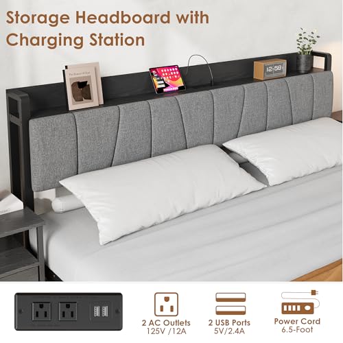 GarveeHome King Size Bed Frame with Storage Headboard, Black King Platform Bed with 2 Large Drawers and Charging Station, Industrial No Box Spring Needed Bedframe GarveeHome