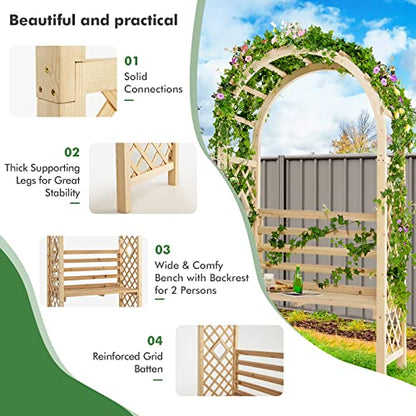 Giantex 81in Garden Arch with 2-Person Bench, Wooden Garden Arbor Archway Trellis for Climbing Plants, Outdoor Wedding Arches Patio Trellis Pergola for Ceremony Party Lawn Backyard, Load 543 lbs