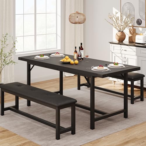 Garvee 63 in Extendable Dining Table Set for 4-6 People, 3-Piece Kitchen Table Set with 2 Upholstered Benches, Farmhouse Dining Room Table Set for Kitchen, Living Room, Apartment, Black Garvee