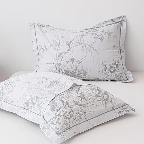 ALEISSEL 100% Natural Cotton 3pcs Floral Duvet Cover Sets-Grayish White Duvet Cover with Gray Luxurious Flowers & Branches Pattern,Botanical Comforter Cover Sets with Button Closure(King,Botanical ALEISSEL