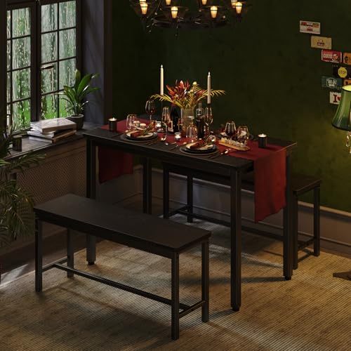 Tatub Dining Table Set for 4, 3-Piece Kitchen Table with 2 Benches, Space-Saving Dining Room Set for Breakfast Nook and Small Spaces, Black Tatub