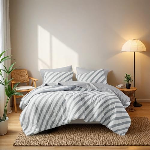 Regency Heights Reversible Striped King Comforter Set, Soft Microfiber Bedding Set with Double-Sided Stripes Design, Warm & Cozy for All-Seasons, 3-Piece Comforter and Shams Set King Size, Grey Regency Heights