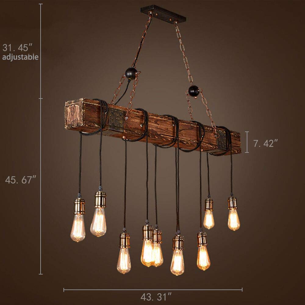 KJLARS Farmhouse Chandelier Wood Hanging Industrial Pendant Lighting Vintage Ceiling Light Fixture 10 Light for Pool Table Kitchen Island Bar Bedroom Dining Living Retro Hanging Lamp (43.31 inches) KJLARS