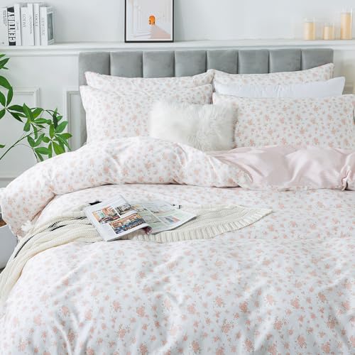 FADFAY Full Duvet Cover Set Pink Floral Comforter Cover 100% Cotton Girls Pink White Flower Bedding Garden Style Blush Bedding for All Season Soft Bedding with 2 Pillowcases, Full FADFAY