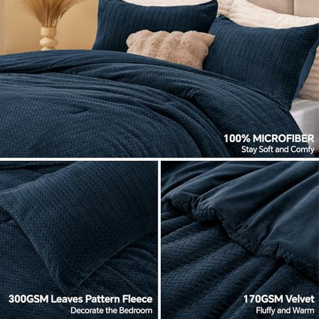 ChiXpace Flannel Fleece Queen Comforter Set - Furry Navy Blue Leaves Pattern Faux Fur Bed Set, Winter Ultra Soft Fuzzy Comfort Set, Velvet Bedding Set for Bed with 2 Pillow Cases ChiXpace