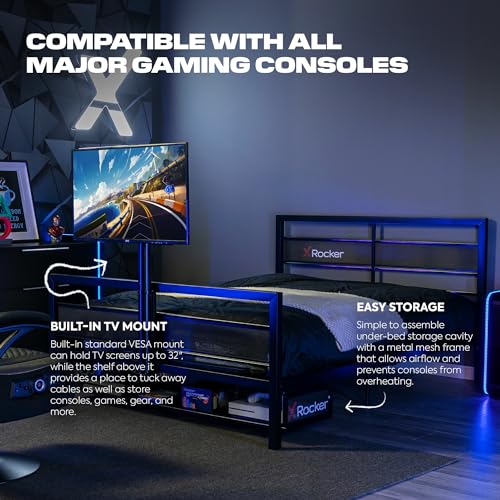 X Rocker Basecamp Full Size Gaming Bed, Rotating TV Mount with Vented Console Storage, Metal Mesh Frame with Slats, Amazon Exclusive, Black X Rocker