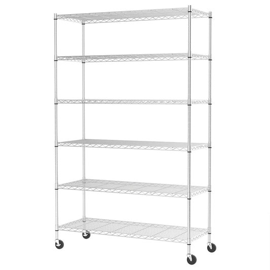 FDW 48"L×18"W×82"H Wire Shelving Unit Storage Cart Metal Shelf Rolling Utility Cart 2100Lbs Capacity with 6 Tier Casters Adjustable Layer Rack Strong Steel for Restaurant Garage Pantry Kitchen,Chrome