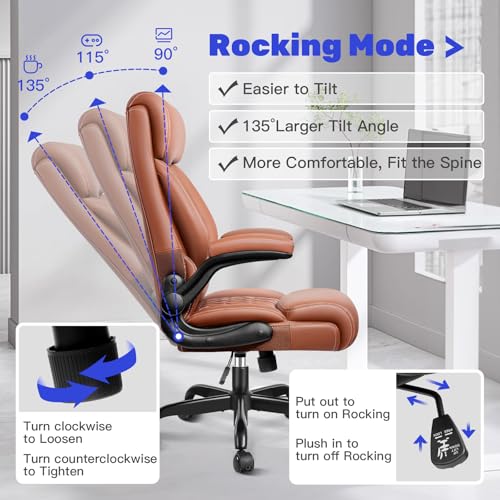 High Back Executive Office Chair - Ergonomic Computer Desk with Rocking Function, Leather Managerial with Adjustable Flip-Up Armrests and Lumbar Support BestGlory