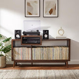 Crosley Furniture Nashville Mid Century Modern Console Record Player Stand, Stores Up to 280 Vinyl Records, Large, Brown Crosley Furniture