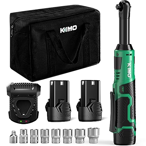 KIMO 3/8" Extended Electric Ratchet Wrench Set, 40 Ft-Lbs 400 Rpm 12V Cordless Ratchet Wrench w/ 2-Pack 2.0 Ah Batteries, 1 Hour Fast Charger & 8 Sockets, Power Ratchet w/Variable Speed & LED - WoodArtSupply