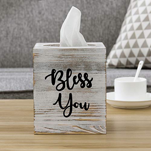 MyGift White Washed Solid Wood Square Tissue Box Cover Holder Decorative Tissue Dispenser Bath Decor with Bless You Design and Easy Refill Slide Out Bottom