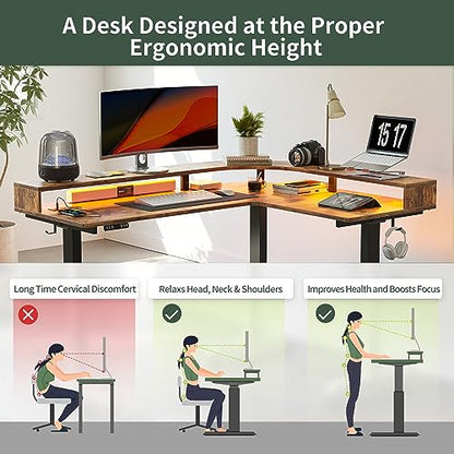 FEZIBO Triple Motor L Shaped Stadning Desk with LED Strip & Power Outrlets，63 inches Height Adjustable Stand up Corner Desk with Ergonomic Monitor Stand, Black Frame/Rustic Brown Top - WoodArtSupply