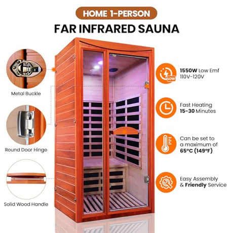 Sauna, Far Infrared Saunas for Home Room 1550W/110V Indoor Sauna for Single Person Okoume Wood Sauna Spacious 1 - 2 Person Low EMF Dry Sauna with Speakers/Air Hole and Color Lighting 39.4*35.4*74.8 IN HOSAUNA