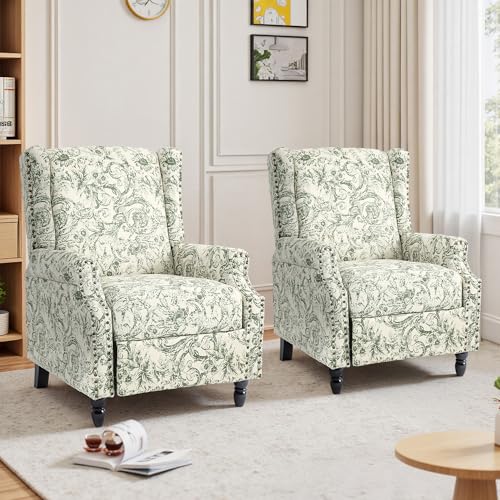 DREAMSIDEA Recliner Chair, Upholstered Wingback Floral Pushback Armchair with Adjustable Backrest & Footrest, Comfy Accent Chair for Small Spaces, Living Room, Bedroom (Rococo Green, Set of 1)